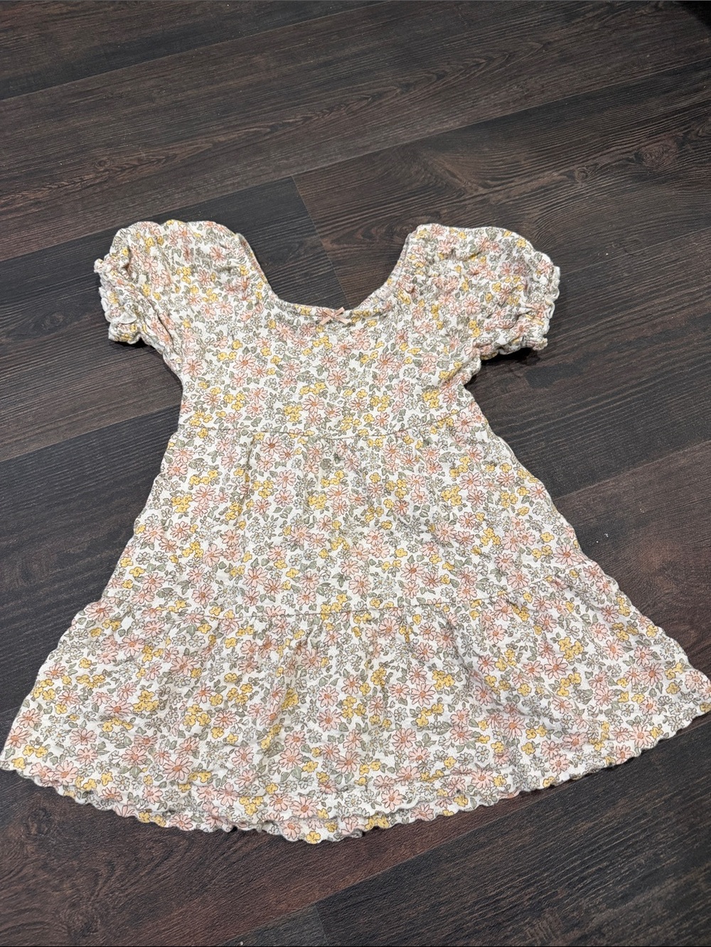 Girls' Floral Puff-Sleeve Dress in Peach & Mustard